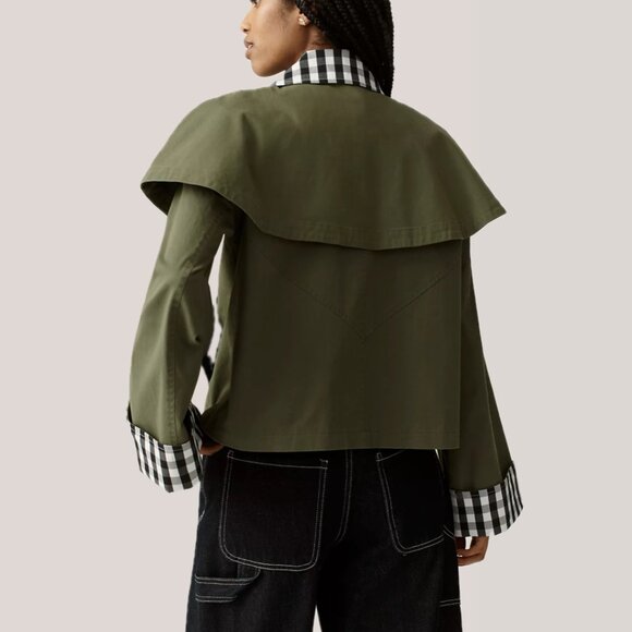 Avec Les Filles Cotton-Blend Gingham Trim Cape Jacket (Olive Green) - Picture 3 of 16